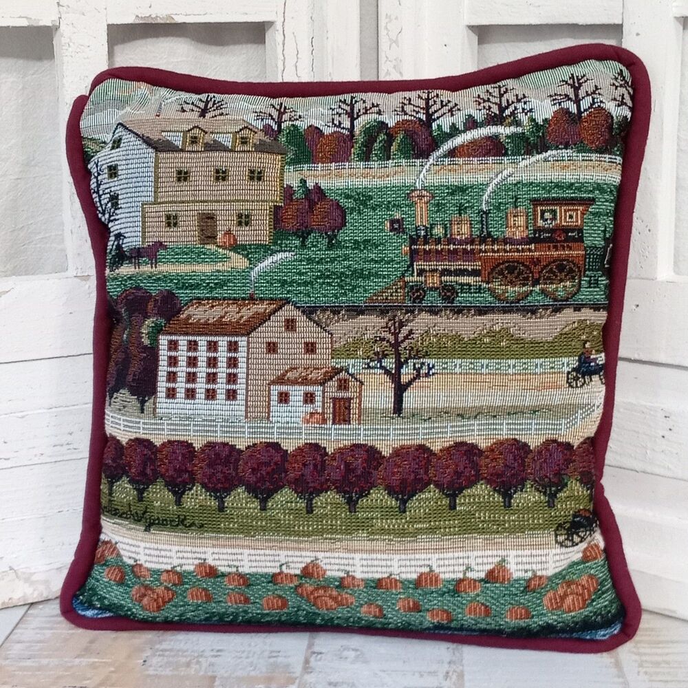 VTG 80s Charles Wysocki Tapestry Pillow Pumpkin Hollow Cottagecore Americana Fal